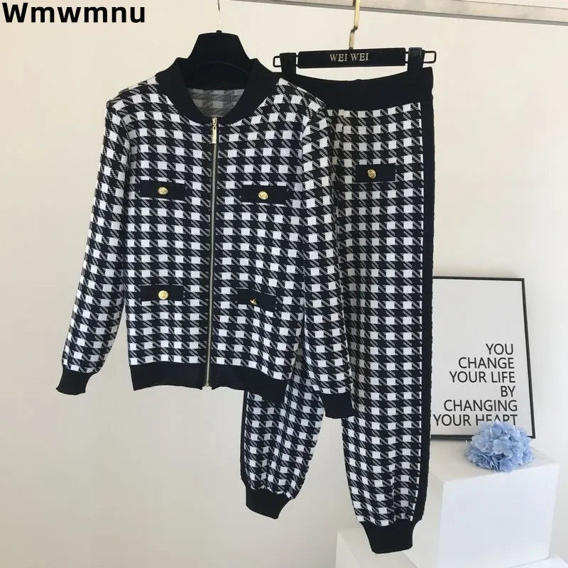 Two - Piece Tracksuit Set - Plaid Knit, High - Waist, Ankle - Length, Zip Jacket, Elegant Style - SN Wigs & More