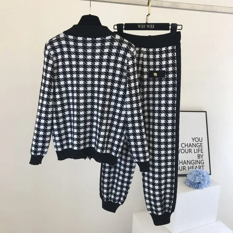 Two - Piece Tracksuit Set - Plaid Knit, High - Waist, Ankle - Length, Zip Jacket, Elegant Style - SN Wigs & More