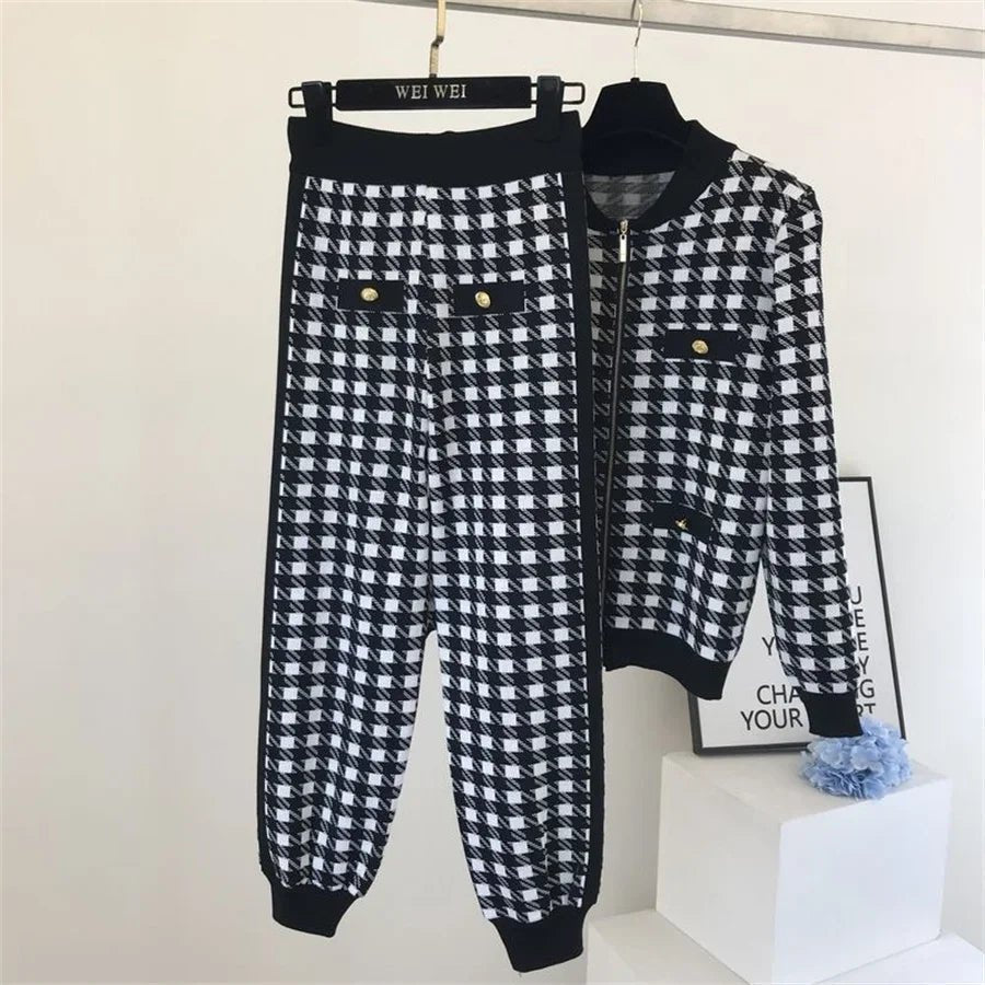 Two - Piece Tracksuit Set - Plaid Knit, High - Waist, Ankle - Length, Zip Jacket, Elegant Style - SN Wigs & More
