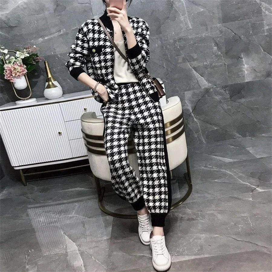 Two - Piece Tracksuit Set - Plaid Knit, High - Waist, Ankle - Length, Zip Jacket, Elegant Style - SN Wigs & More