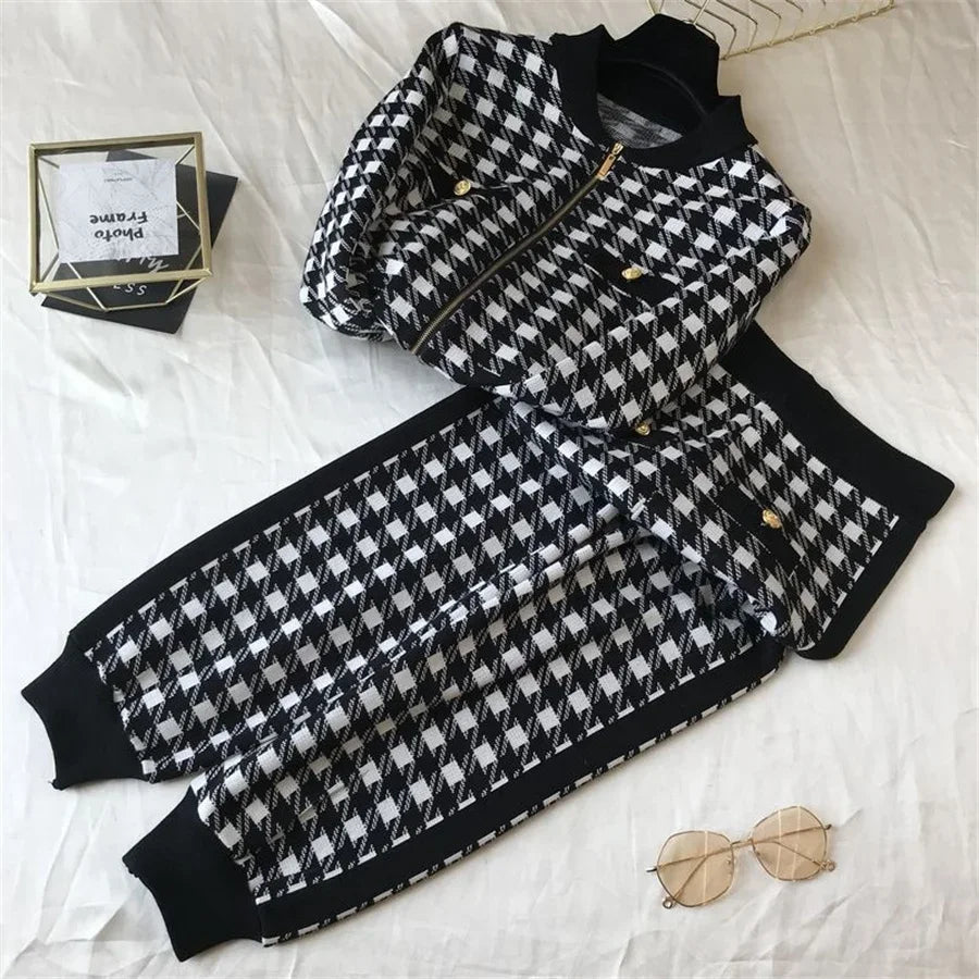 Two - Piece Tracksuit Set - Plaid Knit, High - Waist, Ankle - Length, Zip Jacket, Elegant Style - SN Wigs & More