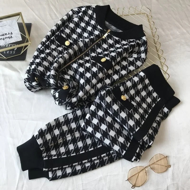Two - Piece Tracksuit Set - Plaid Knit, High - Waist, Ankle - Length, Zip Jacket, Elegant Style - SN Wigs & More