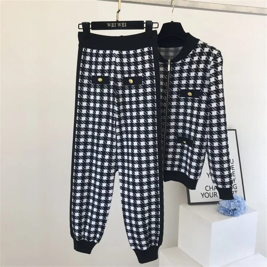 Two - Piece Tracksuit Set - Plaid Knit, High - Waist, Ankle - Length, Zip Jacket, Elegant Style - SN Wigs & More