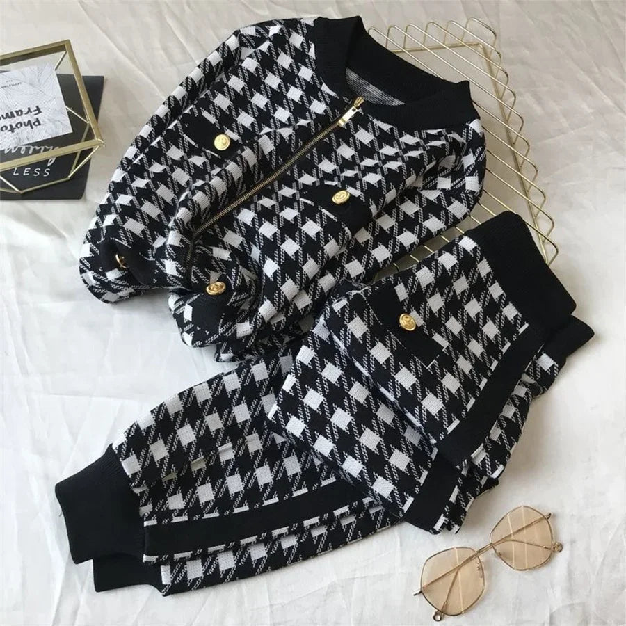 Two - Piece Tracksuit Set - Plaid Knit, High - Waist, Ankle - Length, Zip Jacket, Elegant Style - SN Wigs & More