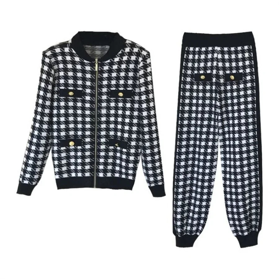 Two - Piece Tracksuit Set - Plaid Knit, High - Waist, Ankle - Length, Zip Jacket, Elegant Style - SN Wigs & More