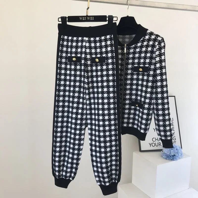Two - Piece Tracksuit Set - Plaid Knit, High - Waist, Ankle - Length, Zip Jacket, Elegant Style - SN Wigs & More
