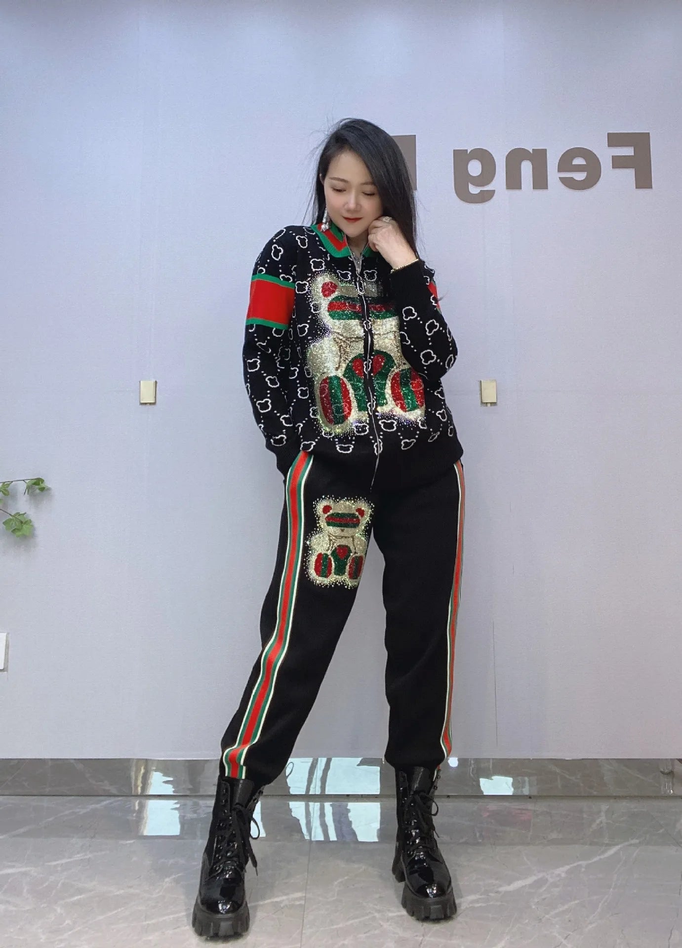 Two - Piece Tracksuit Set With Zippered Sweater And Side Stripe Diamonds – Casual Loose Knit Style - SN Wigs & More