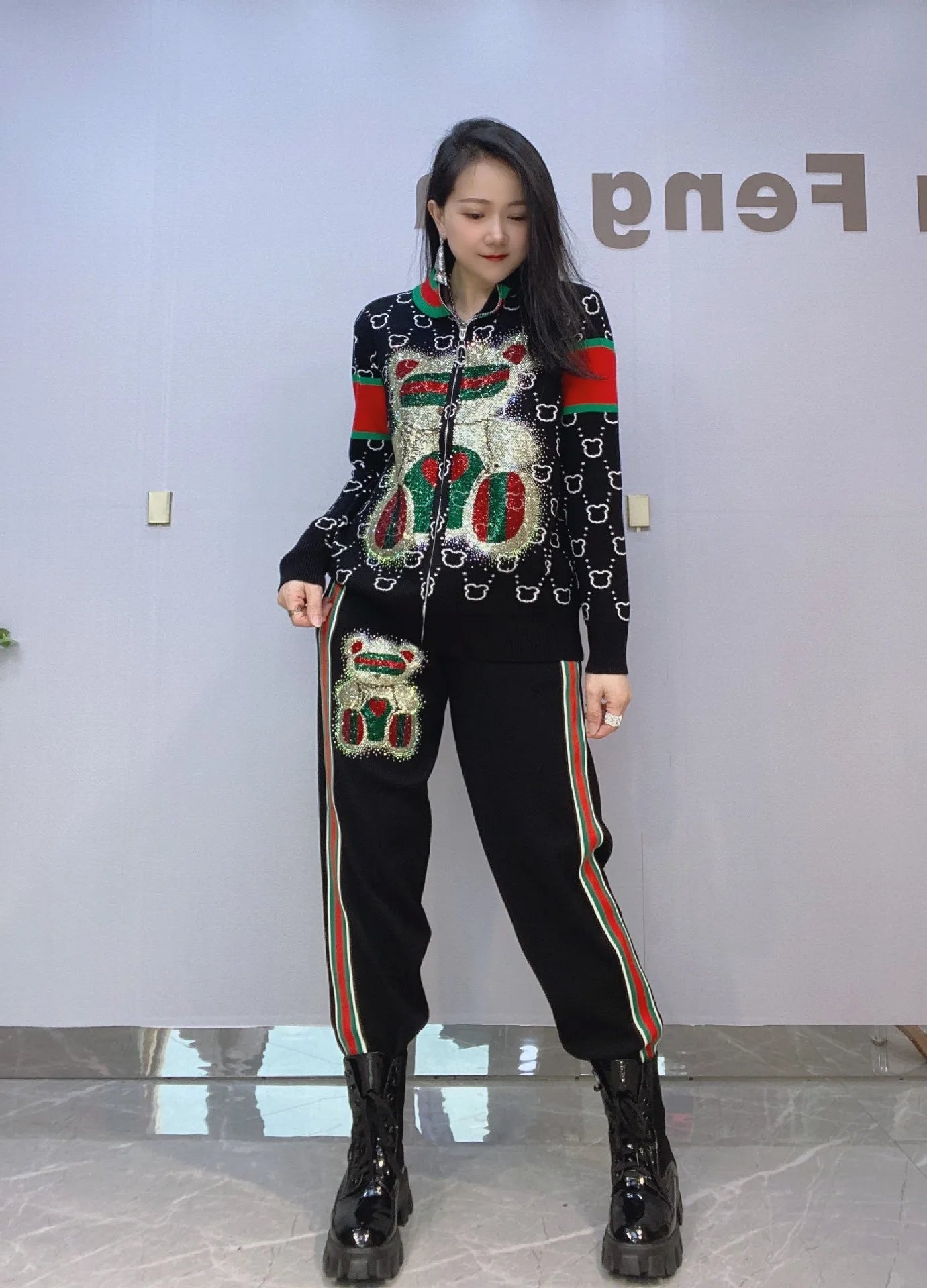 Two - Piece Tracksuit Set With Zippered Sweater And Side Stripe Diamonds – Casual Loose Knit Style - SN Wigs & More