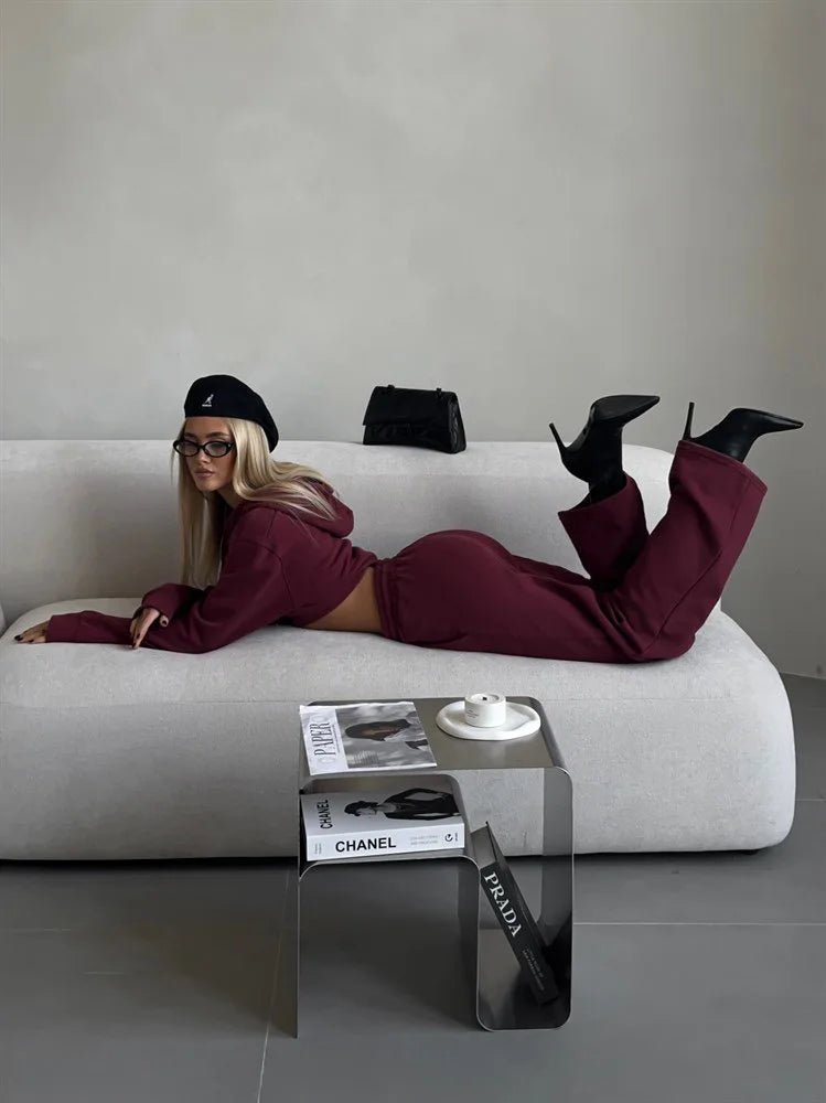 Two - Piece Tracksuit With Hooded Zipper Sweatshirt And High Waist Pants - Casual Sport Style - SN Wigs & More