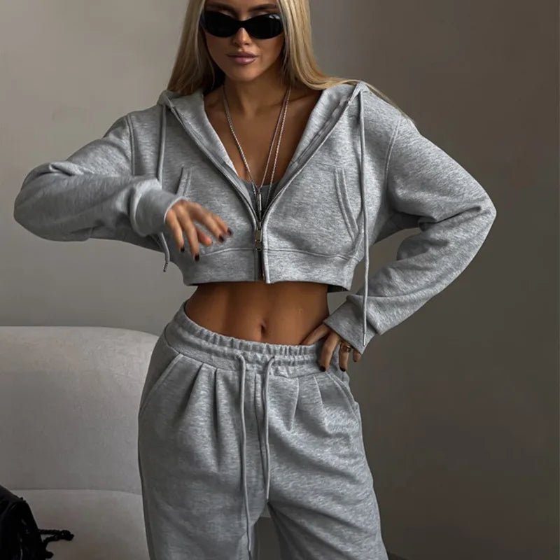 Two - Piece Tracksuit With Hooded Zipper Sweatshirt And High Waist Pants - Casual Sport Style - SN Wigs & More
