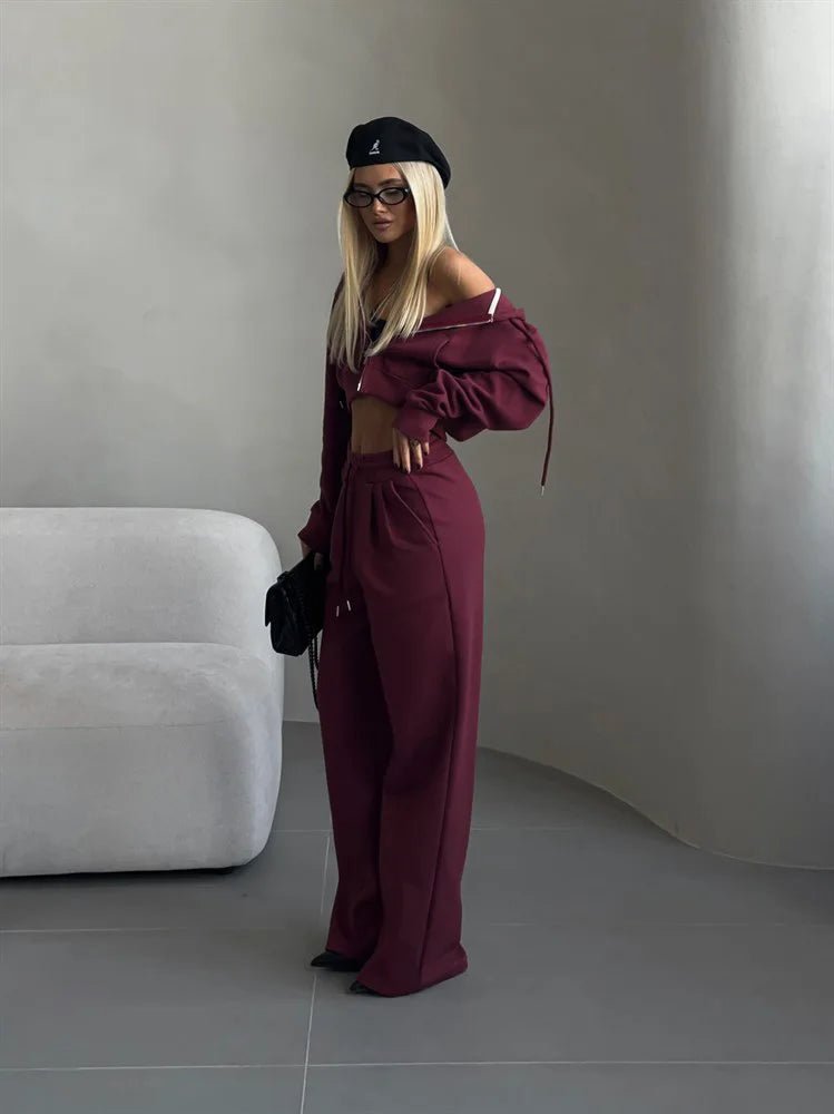 Two - Piece Tracksuit With Hooded Zipper Sweatshirt And High Waist Pants - Casual Sport Style - SN Wigs & More