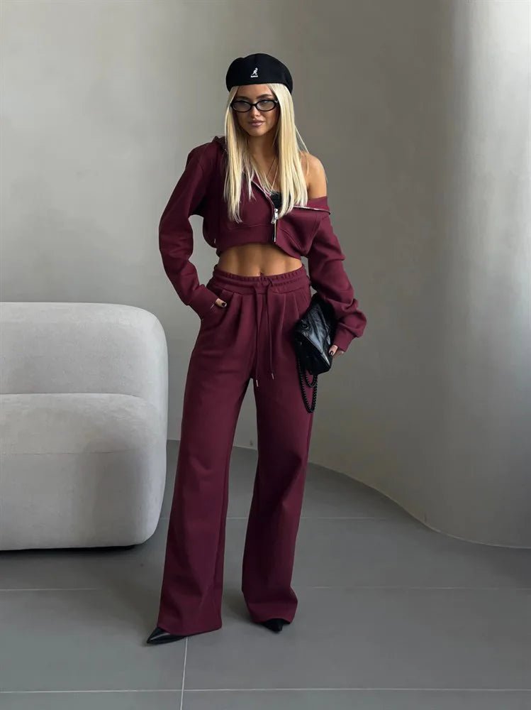 Two - Piece Tracksuit With Hooded Zipper Sweatshirt And High Waist Pants - Casual Sport Style - SN Wigs & More
