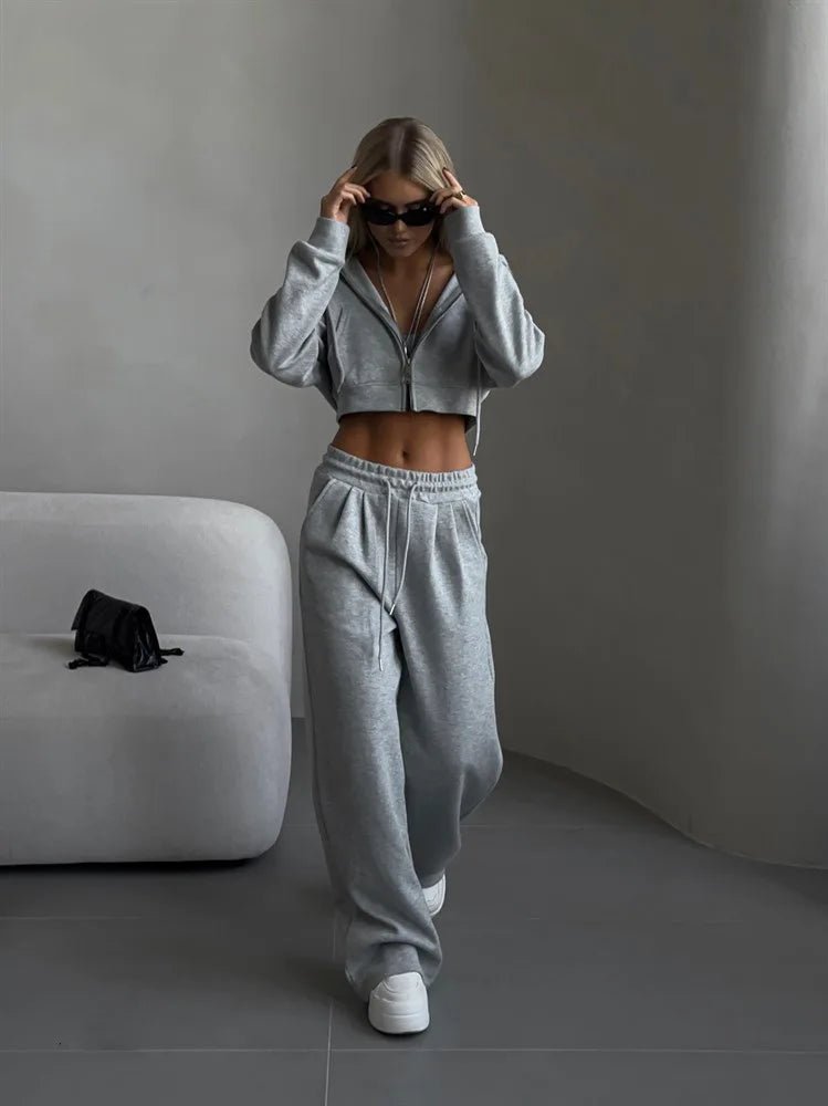 Two - Piece Tracksuit With Hooded Zipper Sweatshirt And High Waist Pants - Casual Sport Style - SN Wigs & More