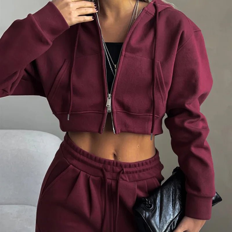 Two - Piece Tracksuit With Hooded Zipper Sweatshirt And High Waist Pants - Casual Sport Style - SN Wigs & More