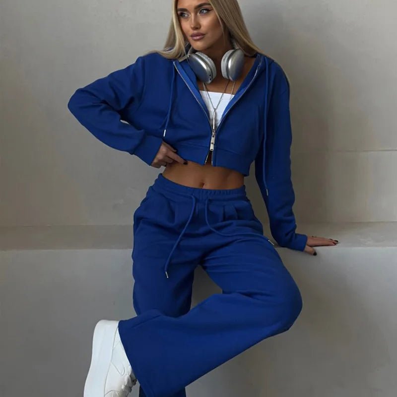 Two - Piece Tracksuit With Hooded Zipper Sweatshirt And High Waist Pants - Casual Sport Style - SN Wigs & More