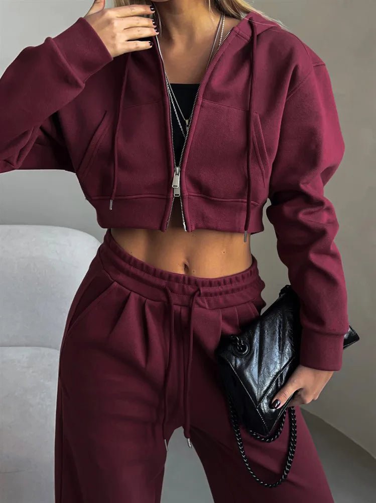 Two - Piece Tracksuit With Hooded Zipper Sweatshirt And High Waist Pants - Casual Sport Style - SN Wigs & More