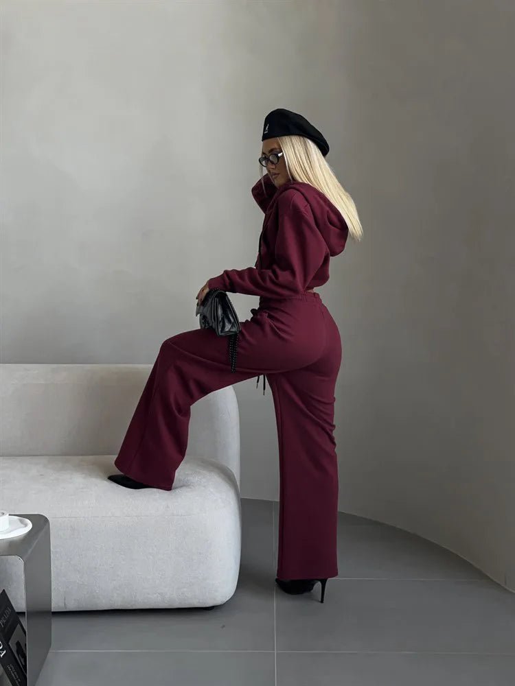 Two - Piece Tracksuit With Hooded Zipper Sweatshirt And High Waist Pants - Casual Sport Style - SN Wigs & More