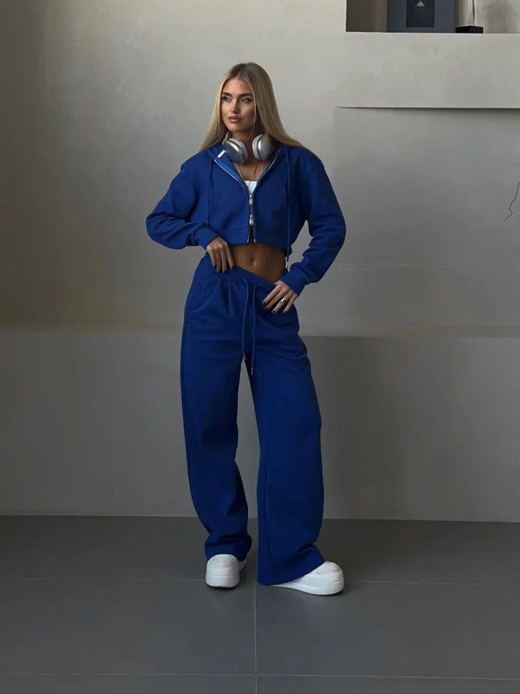 Two - Piece Tracksuit With Hooded Zipper Sweatshirt And High Waist Pants - Casual Sport Style - SN Wigs & More