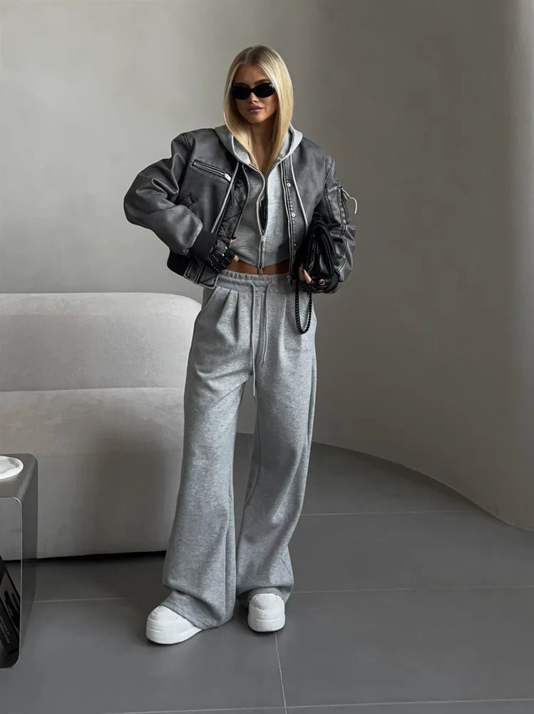 Two - Piece Tracksuit With Hooded Zipper Sweatshirt And High Waist Pants - Casual Sport Style - SN Wigs & More