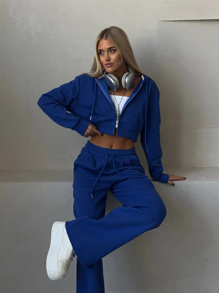 Two - Piece Tracksuit With Hooded Zipper Sweatshirt And High Waist Pants - Casual Sport Style - SN Wigs & More