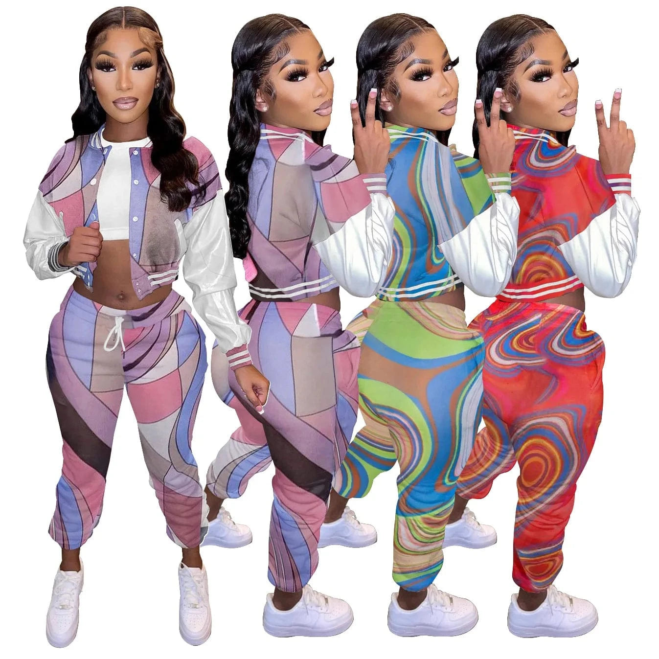 Two-piece trousers suit jogging sportswear women's baseball sports suit Button leather sleeve stretch suit with thin velvet