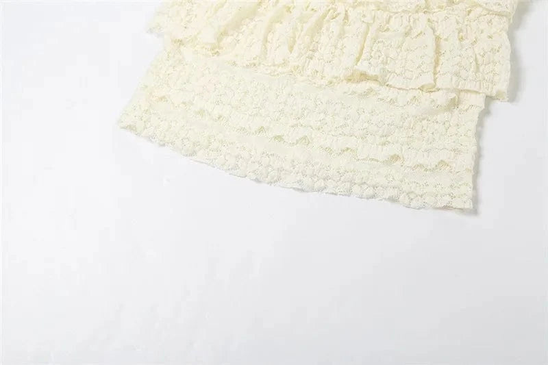 Two Piece Women Crop Top And Mini Skirt Matching Set 2024 New Summer Fashion Sexy White Lace Ruffle Ruched Skirts Outfits
