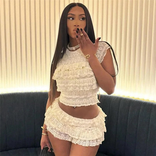 Two Piece Women Crop Top And Mini Skirt Matching Set 2024 New Summer Fashion Sexy White Lace Ruffle Ruched Skirts Outfits