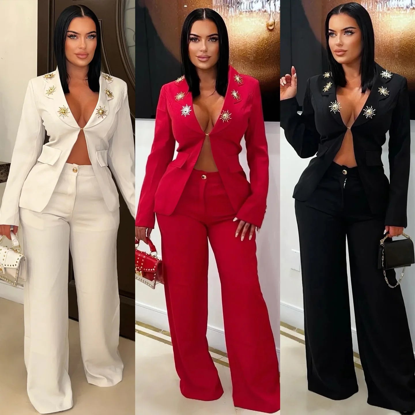 Two - Piece Women's Long Pant Set + Turn - Down Collar Top With Single Button + Casual Summer Style - SN Wigs & More