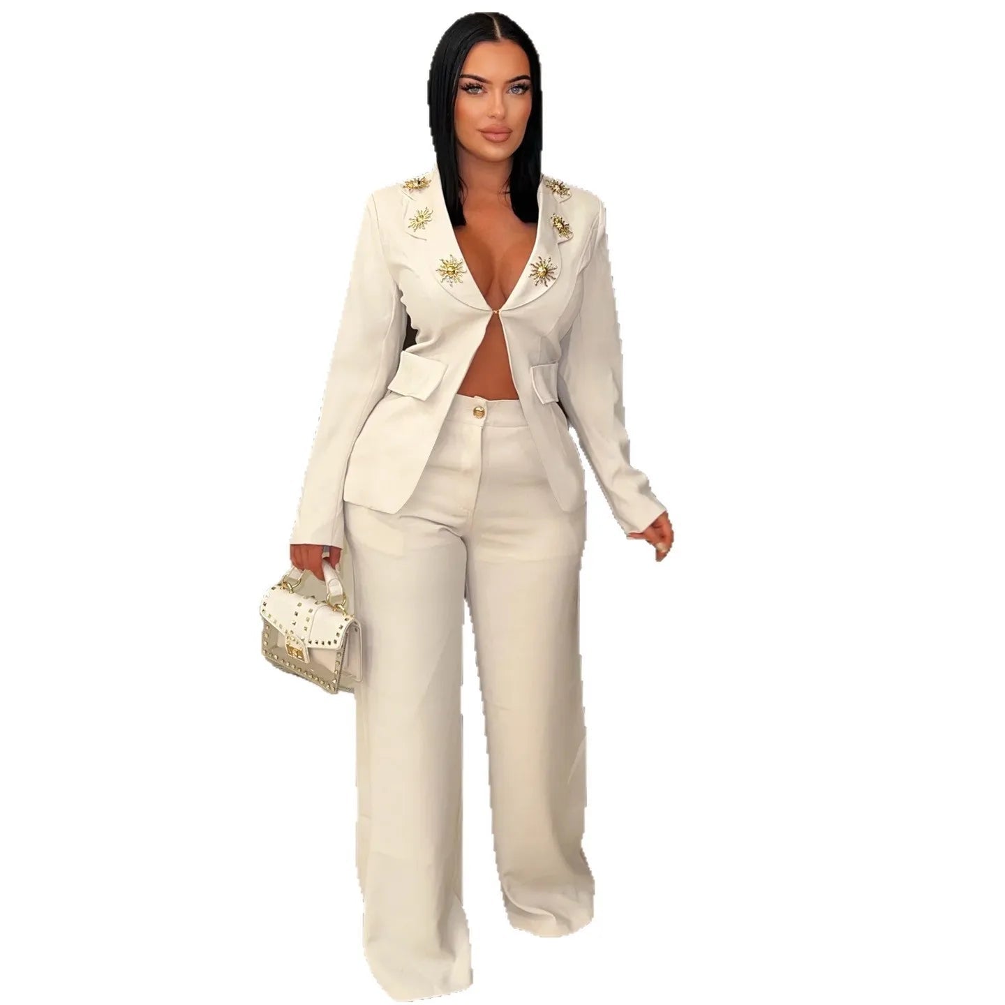Two - Piece Women's Long Pant Set + Turn - Down Collar Top With Single Button + Casual Summer Style - SN Wigs & More
