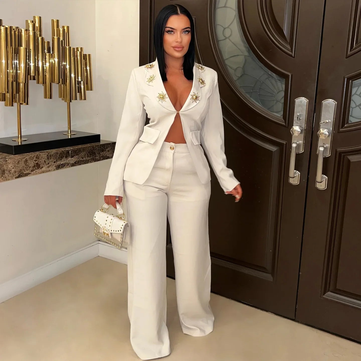 Two - Piece Women's Long Pant Set + Turn - Down Collar Top With Single Button + Casual Summer Style - SN Wigs & More