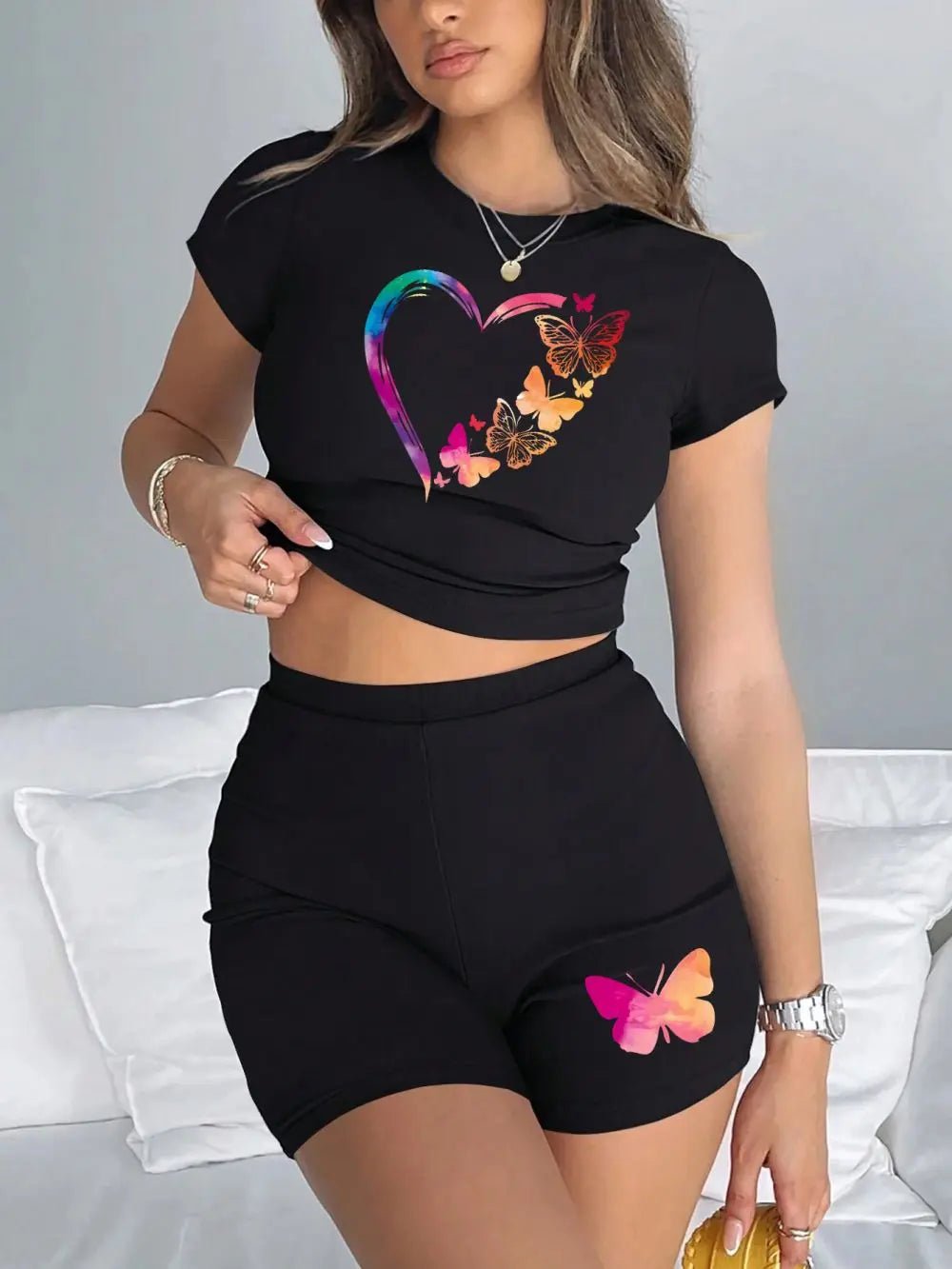 Two - Piece Women's T-Shirt And Shorts Set + Butterfly Print + Slim - Fit Casual Style - SN Wigs & More