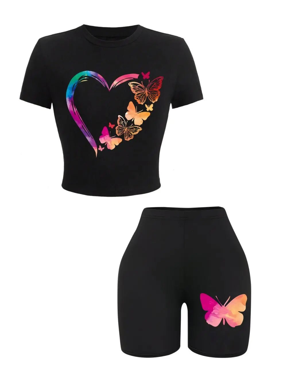 Two - Piece Women's T-Shirt And Shorts Set + Butterfly Print + Slim - Fit Casual Style - SN Wigs & More