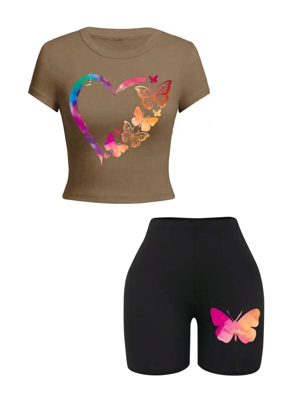 Two - Piece Women's T-Shirt And Shorts Set + Butterfly Print + Slim - Fit Casual Style - SN Wigs & More