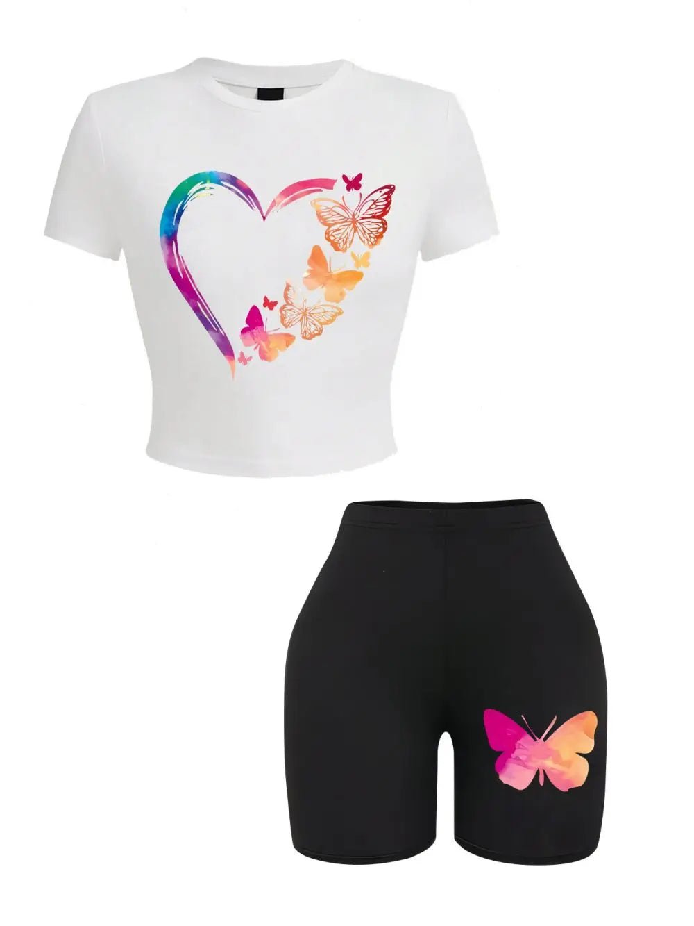 Two - Piece Women's T-Shirt And Shorts Set + Butterfly Print + Slim - Fit Casual Style - SN Wigs & More