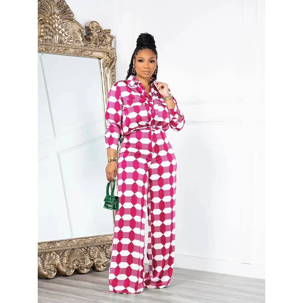 Two Pieces Shirt Sets Women Casual Matching Suits Geometric Print Loose Long Sleeves Wide Leg Pants Elegant Office Lady Autumn