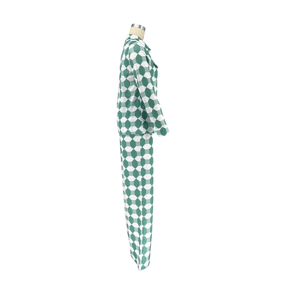Two Pieces Shirt Sets Women Casual Matching Suits Geometric Print Loose Long Sleeves Wide Leg Pants Elegant Office Lady Autumn