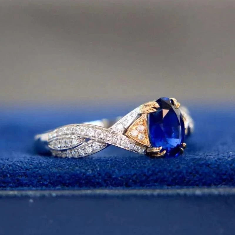 Two tones lab grown 1.5CT oval Royal Blue Sapphire Moissanite Diamonds twist band 14K Gold gift rings jewelry