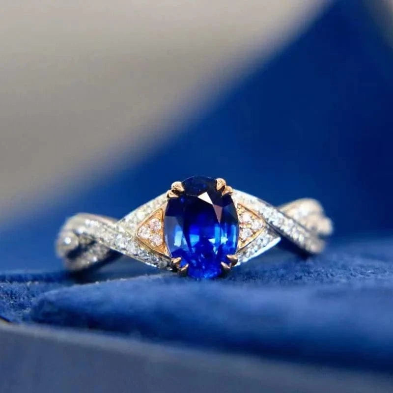 Two tones lab grown 1.5CT oval Royal Blue Sapphire Moissanite Diamonds twist band 14K Gold gift rings jewelry