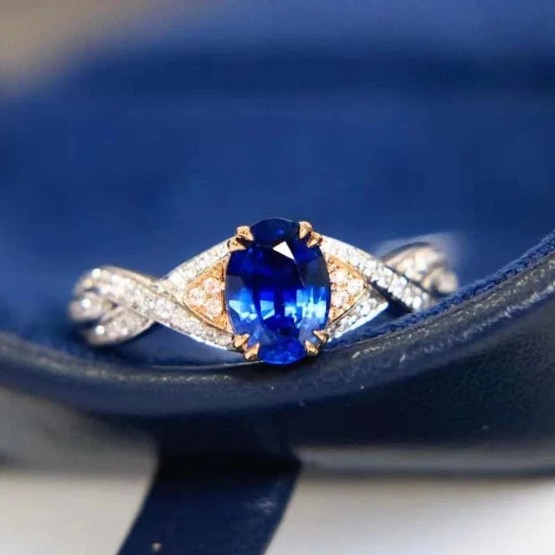 Two tones lab grown 1.5CT oval Royal Blue Sapphire Moissanite Diamonds twist band 14K Gold gift rings jewelry