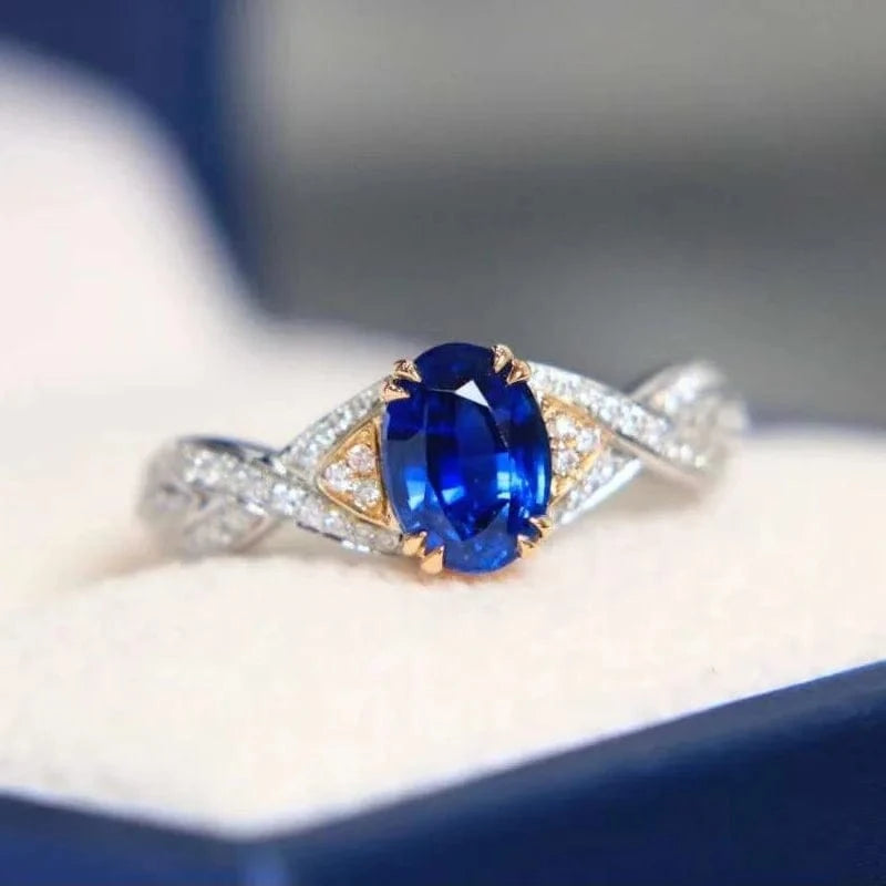 Two tones lab grown 1.5CT oval Royal Blue Sapphire Moissanite Diamonds twist band 14K Gold gift rings jewelry