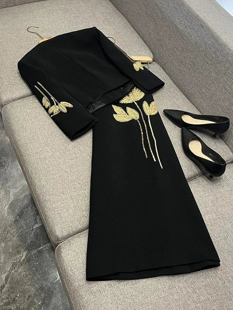 TWOTWINSTYLE Embroidery Two Piece Set For Women O Neck Long Sleeve Spliced Button Top High Waist Skirt Chic Sets FemaleKSE511331