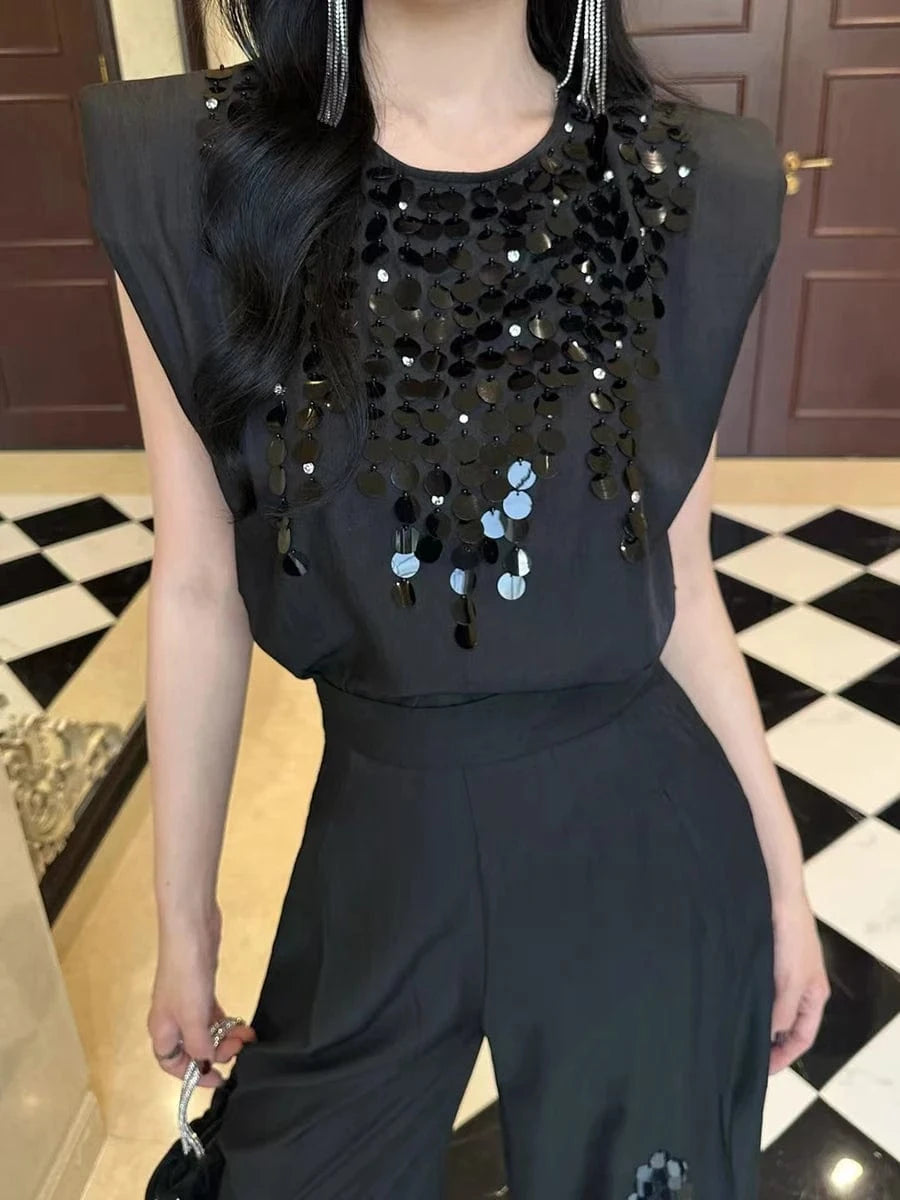 TWOTWINSTYLE Fashion Spliced Sequin Two Piece Sets for Women Round Neck Sleeveless Top High Waist Patchwork Lace Pant Set Female