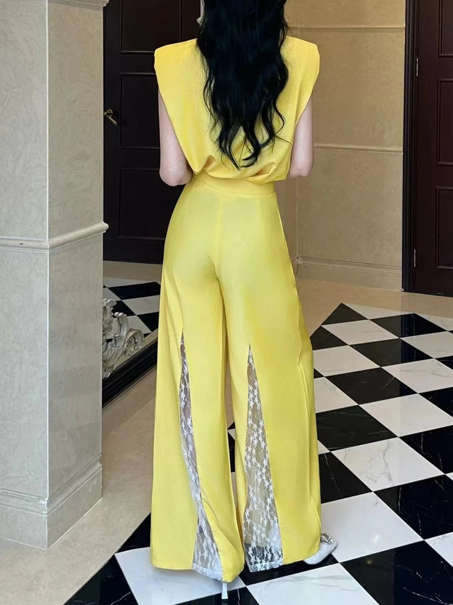 TWOTWINSTYLE Fashion Spliced Sequin Two Piece Sets for Women Round Neck Sleeveless Top High Waist Patchwork Lace Pant Set Female