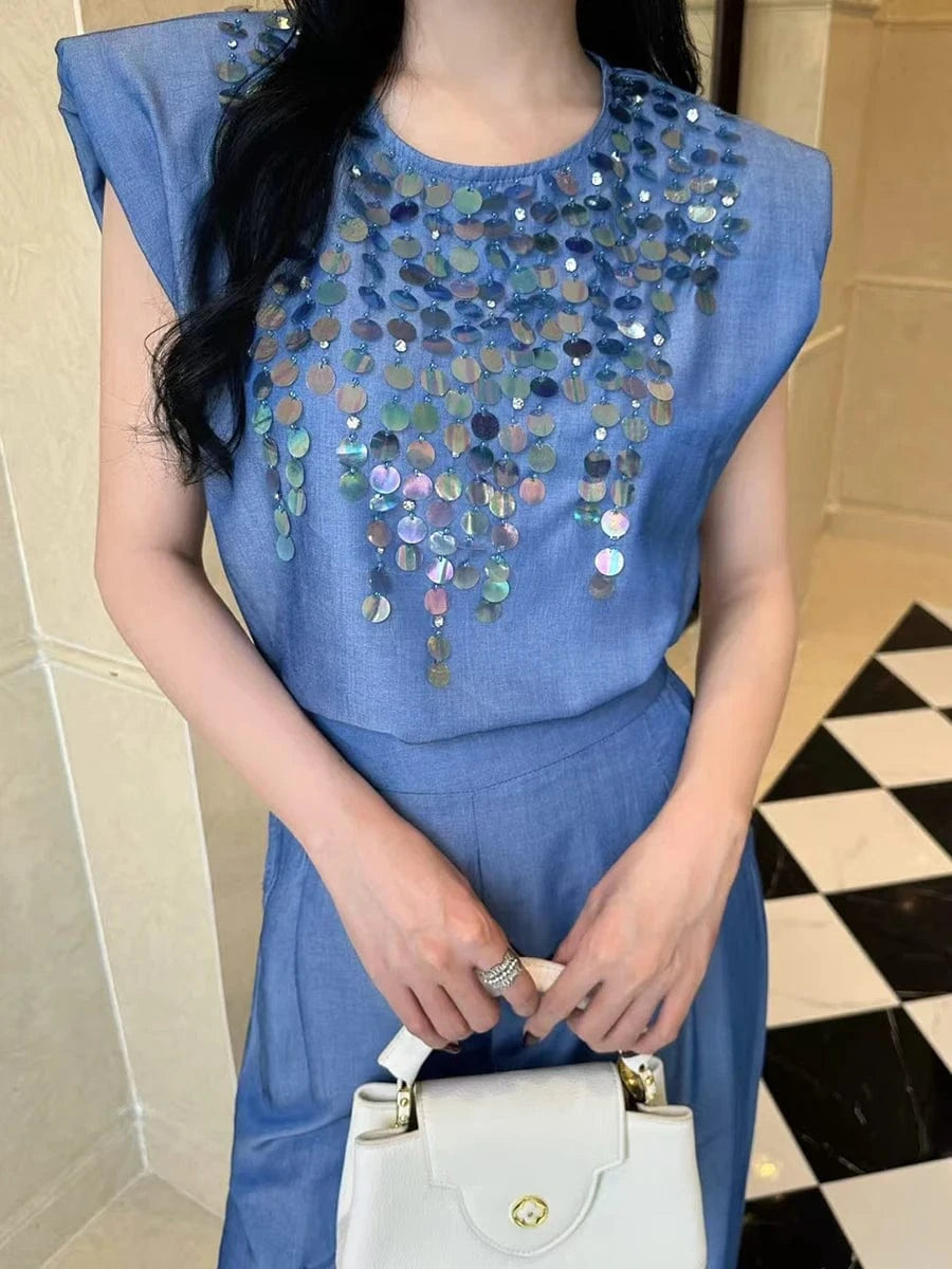 TWOTWINSTYLE Fashion Spliced Sequin Two Piece Sets for Women Round Neck Sleeveless Top High Waist Patchwork Lace Pant Set Female