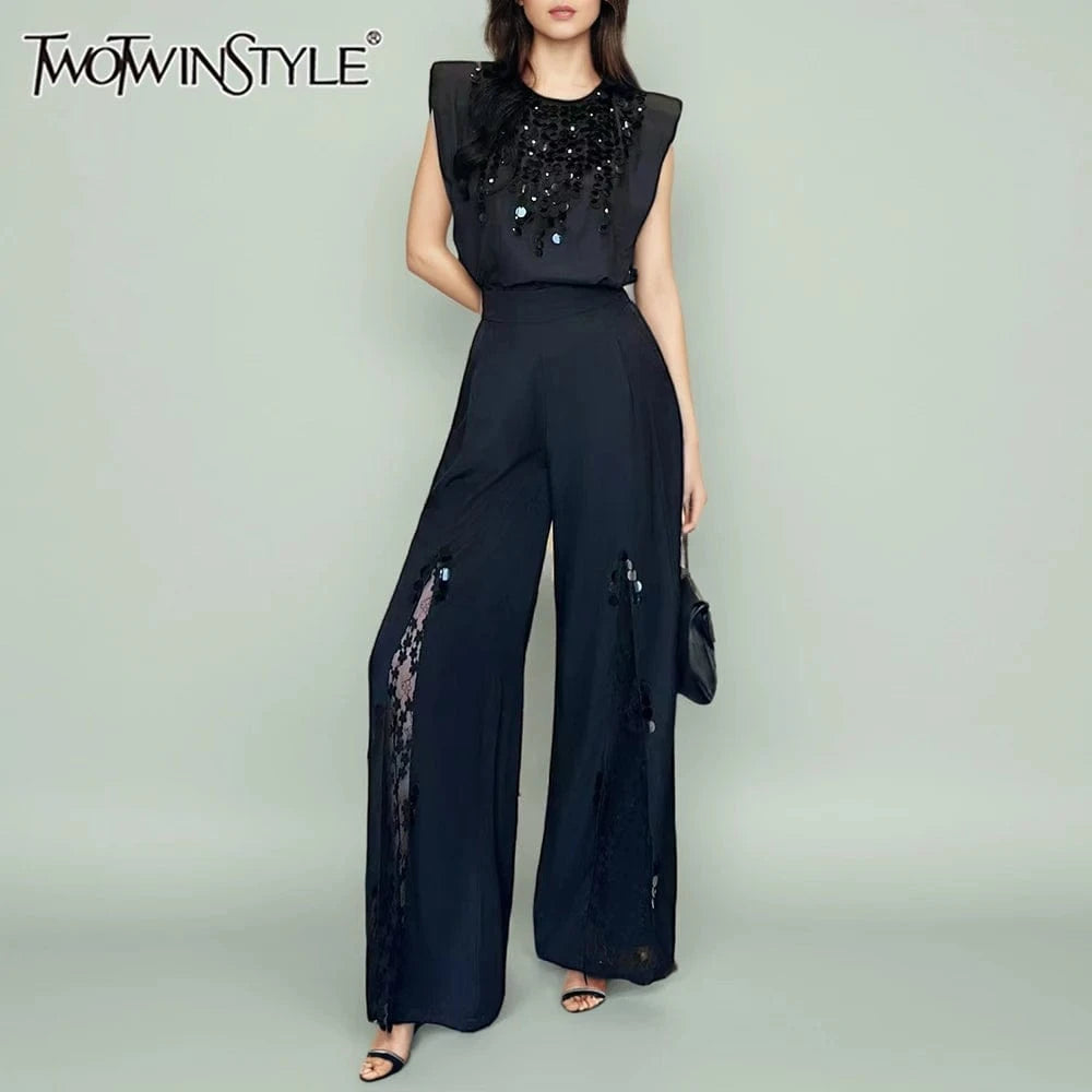TWOTWINSTYLE Fashion Spliced Sequin Two Piece Sets for Women Round Neck Sleeveless Top High Waist Patchwork Lace Pant Set Female