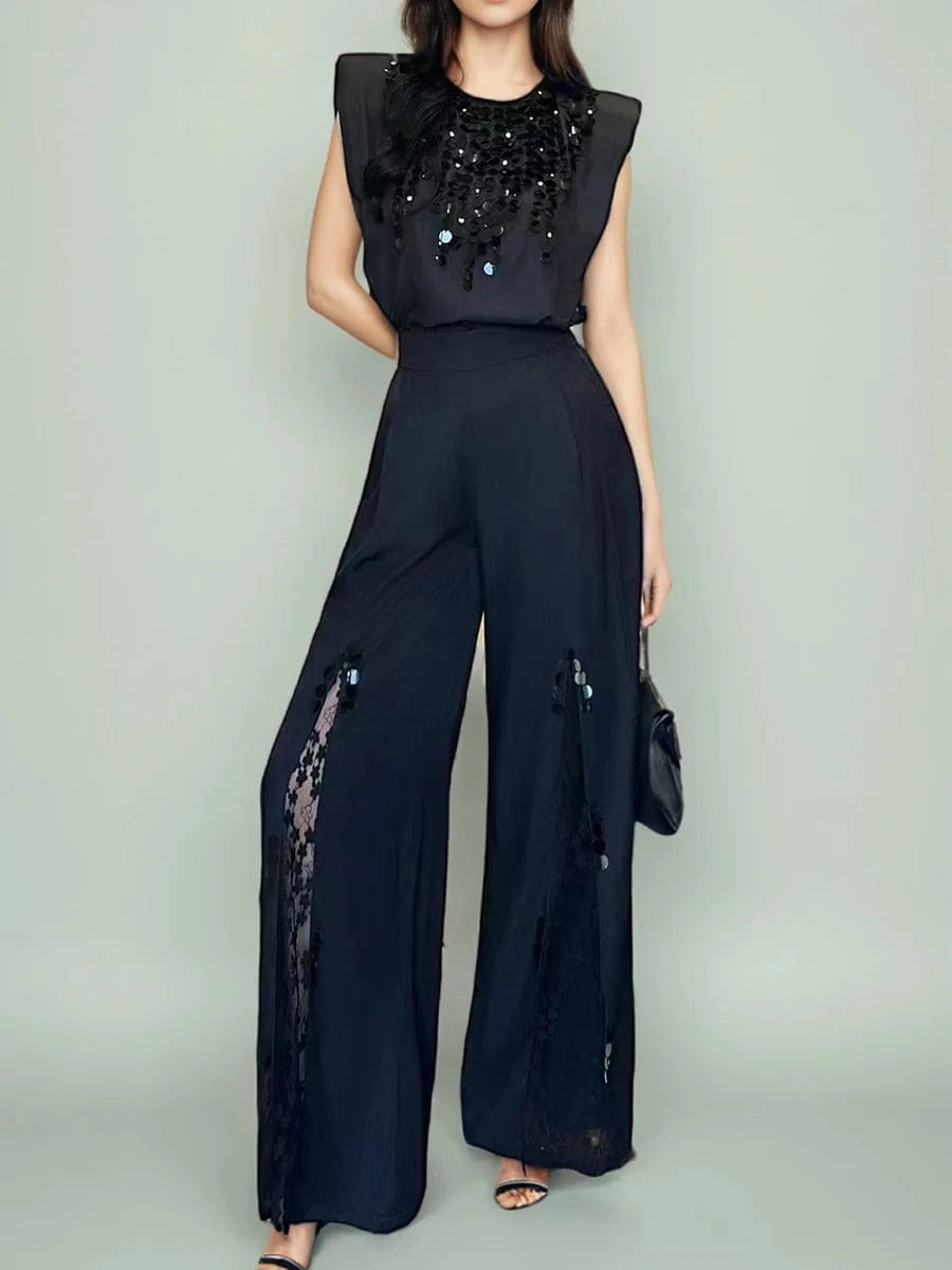 TWOTWINSTYLE Fashion Spliced Sequin Two Piece Sets for Women Round Neck Sleeveless Top High Waist Patchwork Lace Pant Set Female