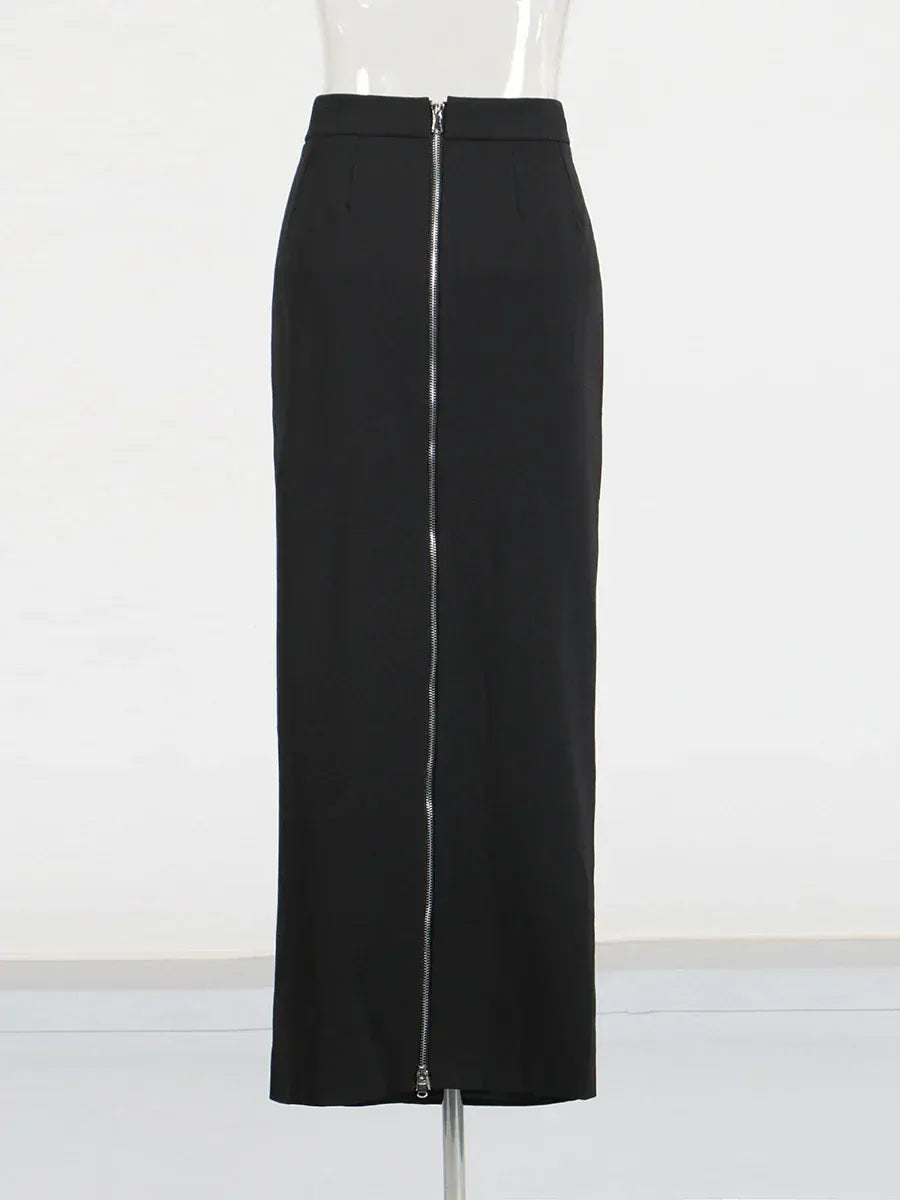 TWOTWINSTYLE High Street Two Piece Set For Women Stand Collar Long Sleeve Spliced Zipper Tops A Line Skirt Set Female KSE504167