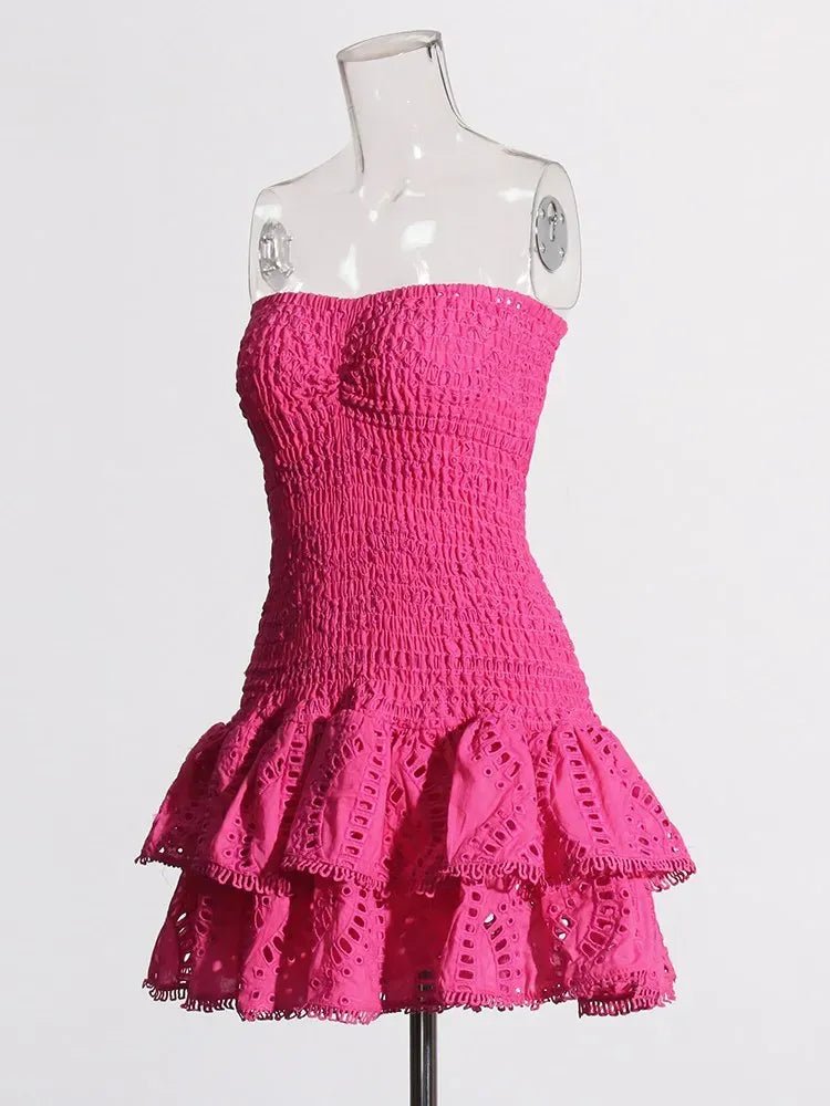 TWOTWINSTYLE Hit Color Dresses For Women Strapless Sleeveless High Waist Slimming Sexy Mini Folds Dress Female Fashion Clothing - SN Wigs & More