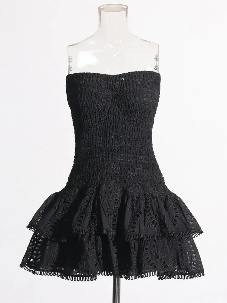 TWOTWINSTYLE Hit Color Dresses For Women Strapless Sleeveless High Waist Slimming Sexy Mini Folds Dress Female Fashion Clothing - SN Wigs & More