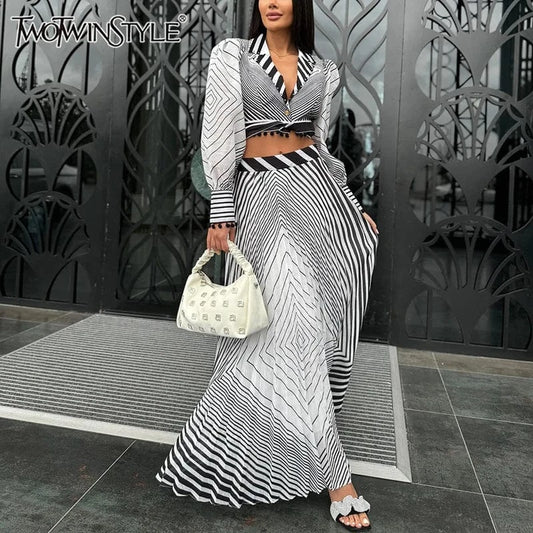 TWOTWINSTYLE Hit Color Striped Two Piece Sets For Women V Neck Lantern Sleeve Top High Waist A Line Skirt Vintage Set Female New